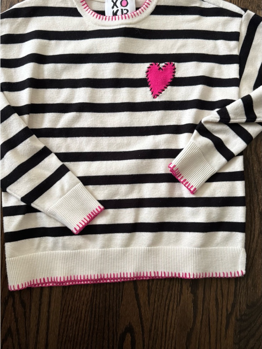 Striped Crewneck Sweater with Pink Heart Accent
